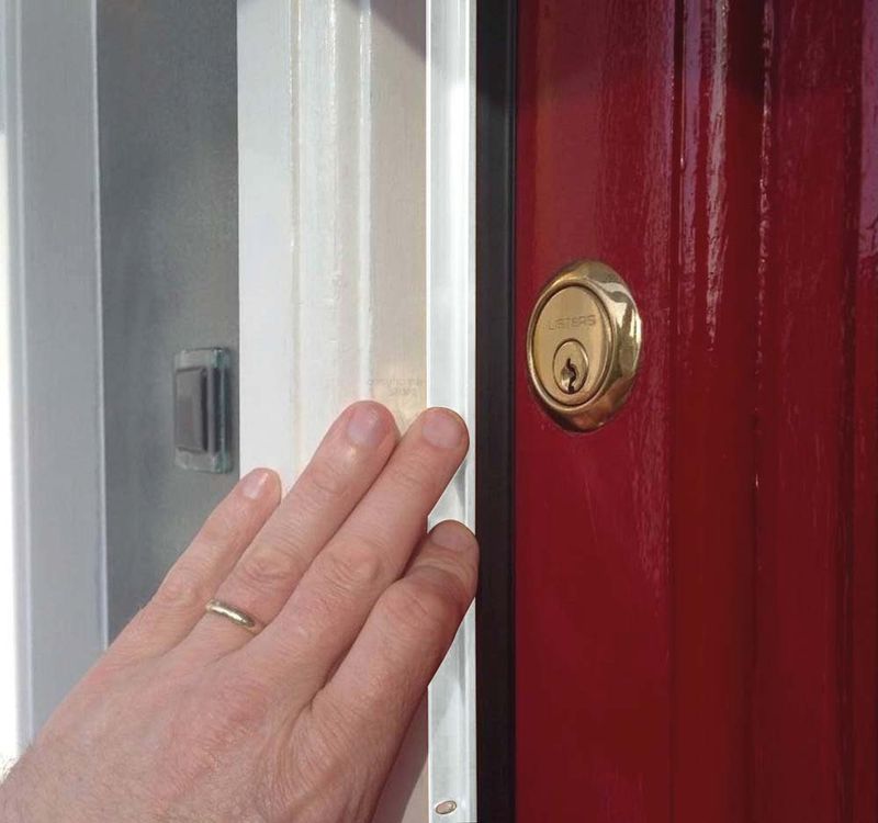 Person pointing at a fitted door draught excluder.