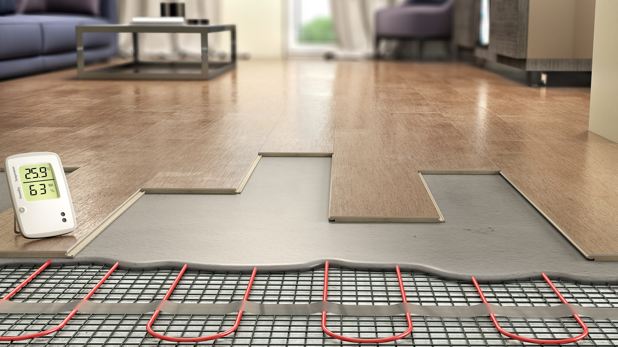 Layers of electric underfloor heating in a living room.