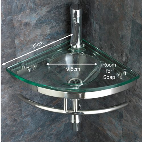 Corner Bathroom Basin Bundle Clear Glass 350mm Cloakroom Sink with Tap and Waste Brescia