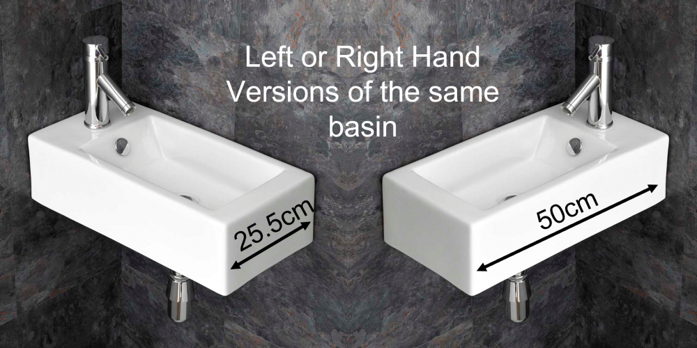 Left and right hand versions of the same white basin