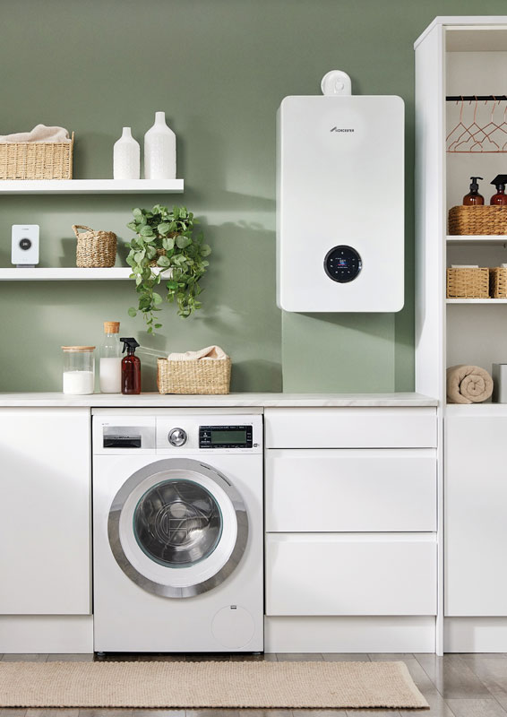 combi boiler on wall in laundry room